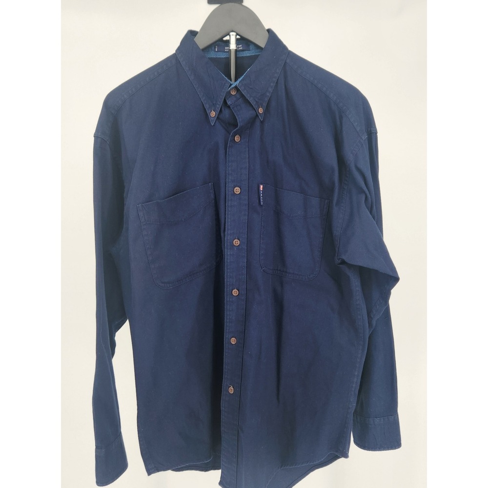 Chaps Ralph Lauren Mens Navy Blue Cotton Twill Button Down Work Shirt Size M